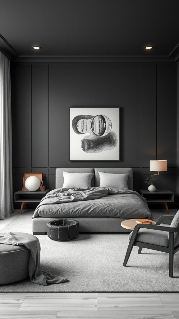 Stylish bedroom painted in modern charcoal gray with contemporary furniture.