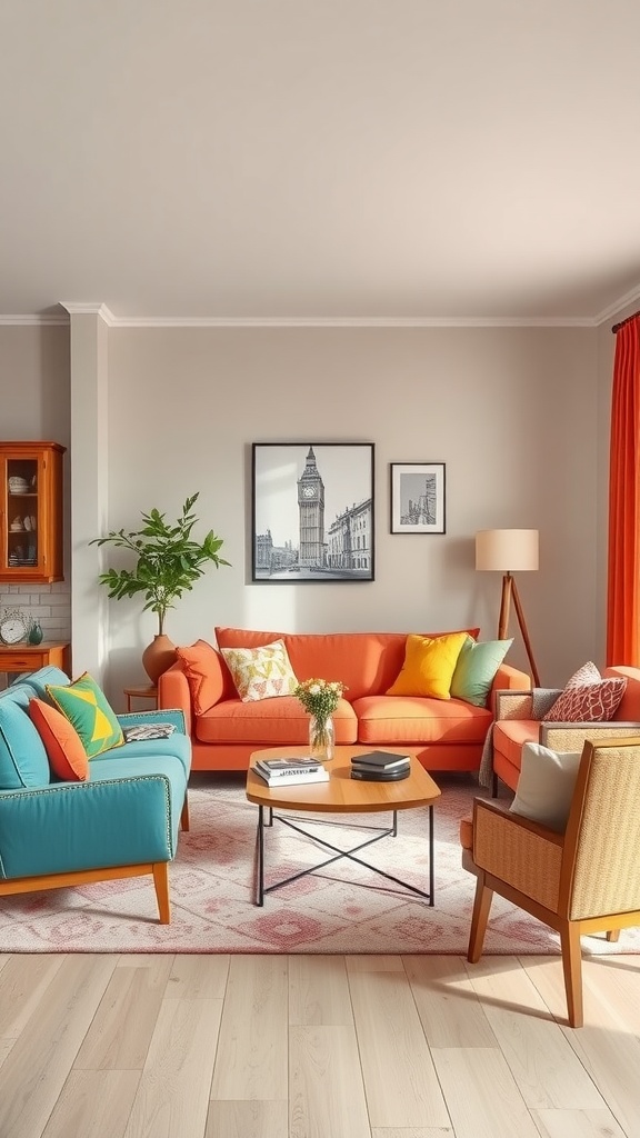 A cozy living room featuring bright orange and turquoise furniture with colorful accents.