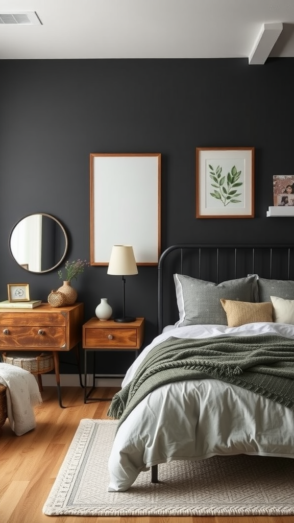 A cozy farmhouse bedroom featuring muted charcoal walls, wooden furniture, and soft textiles.