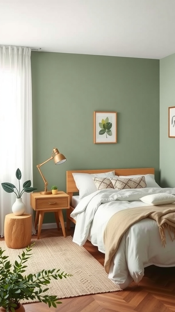 A serene bedroom featuring muted fern green walls, light wood furniture, and soft textiles.