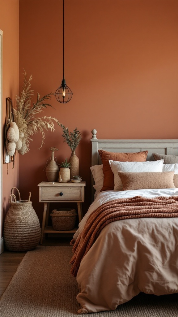 Bedroom featuring muted terracotta walls, a wooden bed, and cozy bedding