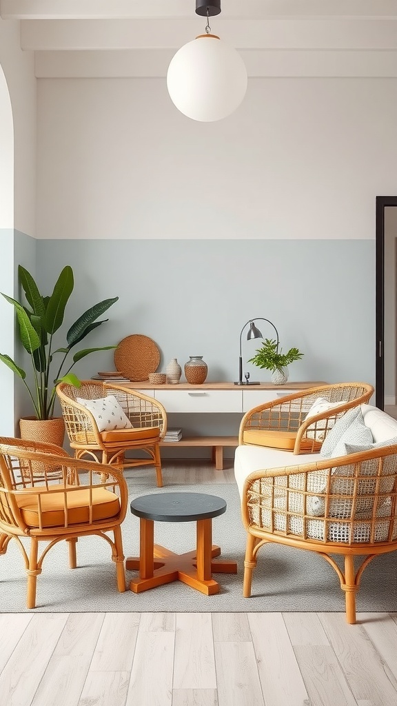 A cozy living room featuring wicker furniture, natural accents, and indoor plants.