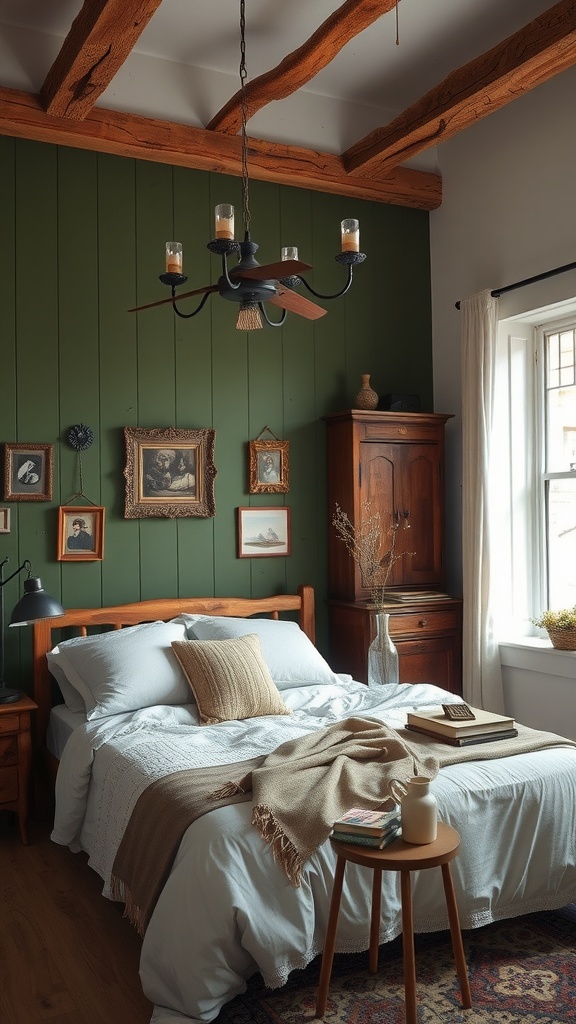 A rustic bedroom with olive green walls, wooden beams, and cozy decor.