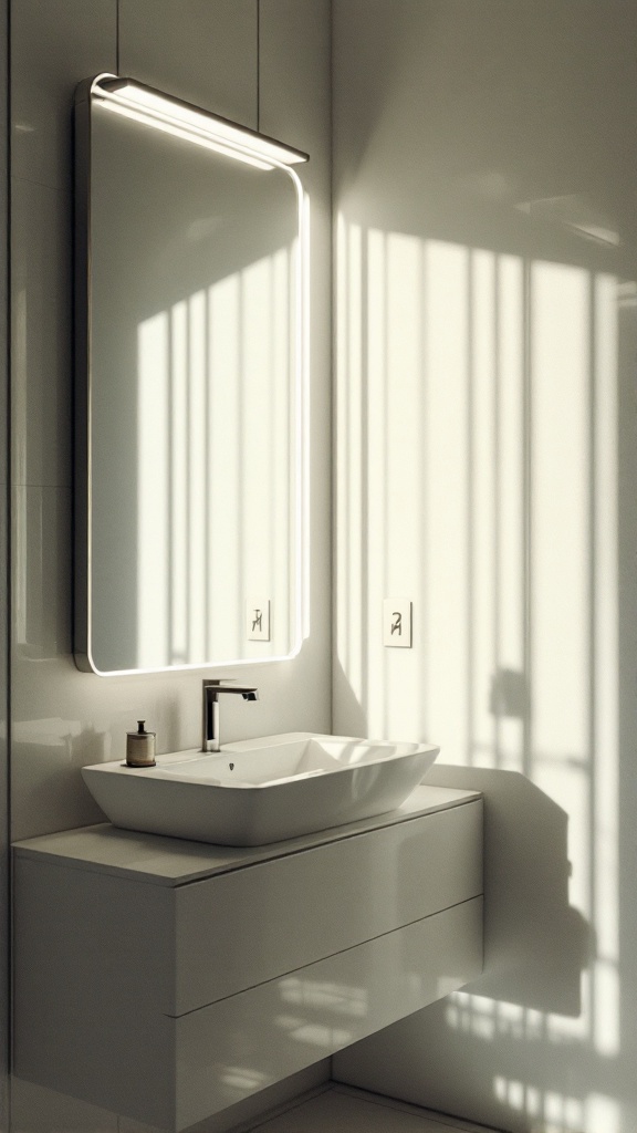 A modern bathroom with a sleek mirror reflecting light.