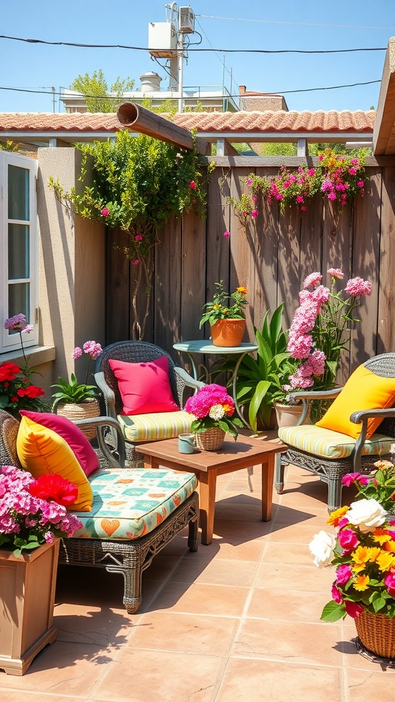 A colorful outdoor patio with bright cushions and blooming flowers.