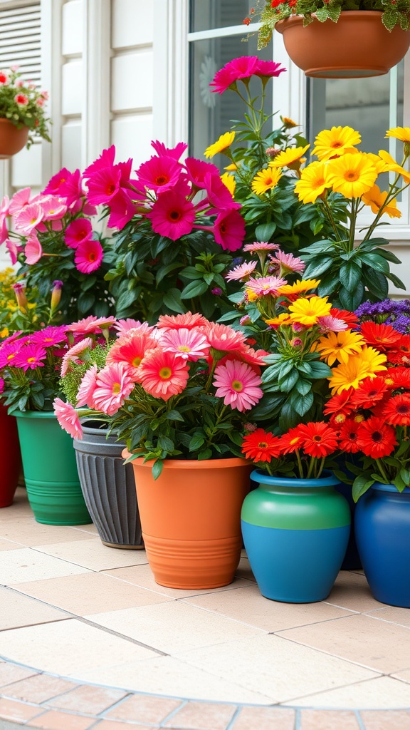 Colorful flower pots filled with blooming flowers