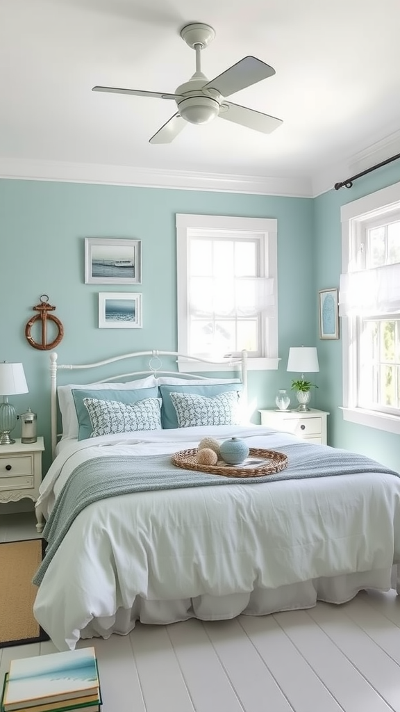 A cozy farmhouse bedroom with pale aqua walls, white bedding, and nautical decor.