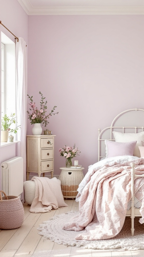 A peaceful farmhouse bedroom painted in pale lavender, featuring a cozy bed, floral decor, and natural textures.