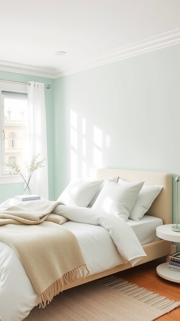 A softly decorated bedroom featuring pale mint walls, a light bedspread, and bright natural light.