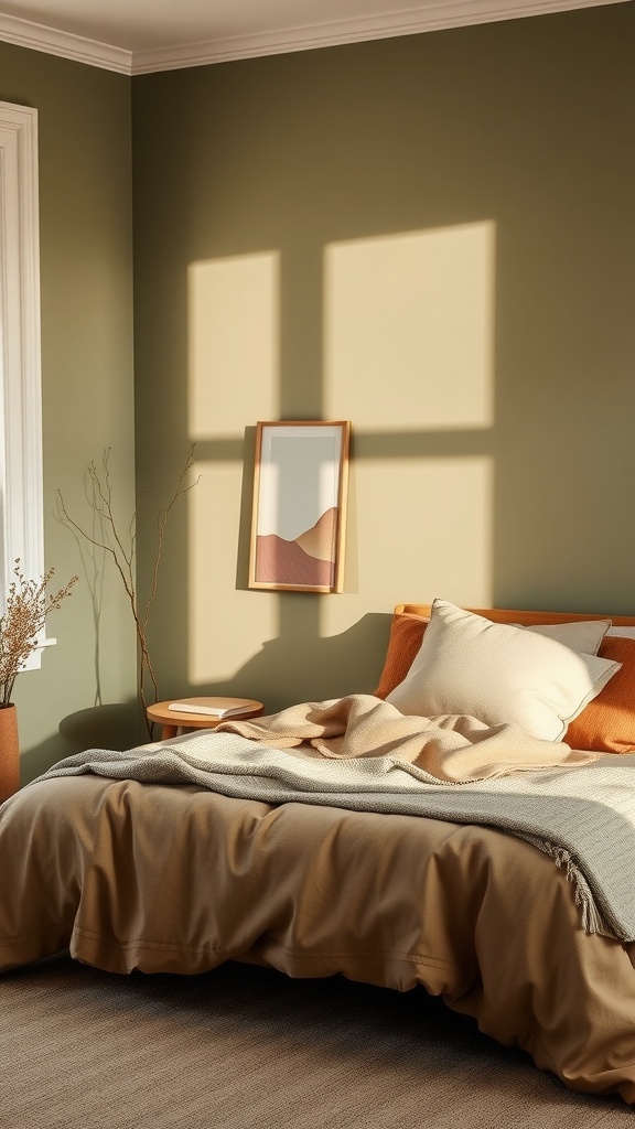 Cozy bedroom with pastel olive walls, soft bedding, and warm decor.