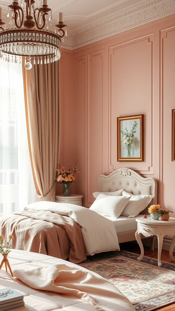 A beautifully decorated bedroom with peachy blush walls, elegant chandelier, and cozy bedding.