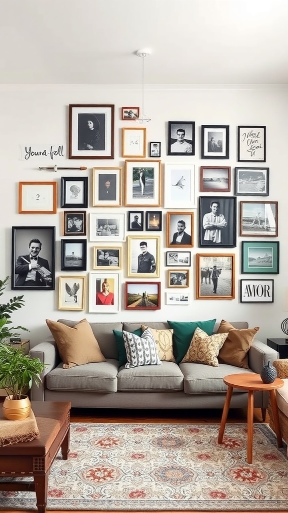 Cozy living room with a personalized gallery wall featuring various framed photos and artwork.