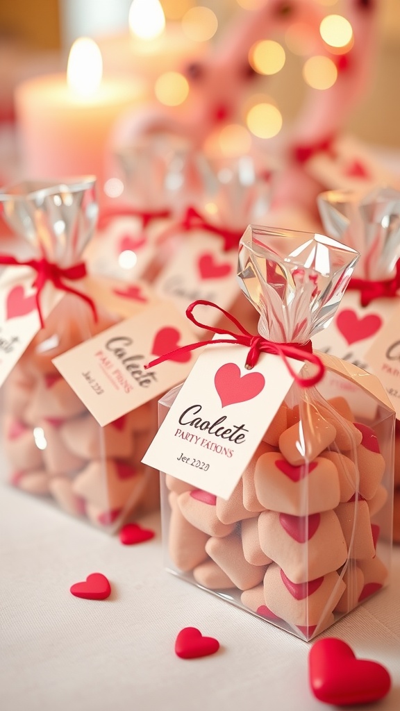 Cute heart-shaped candies in clear packages with red ribbons and tags for a Galentine's party.