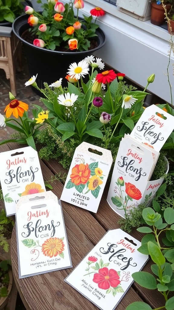 A display of colorful personalized seed packets among blooming flowers.