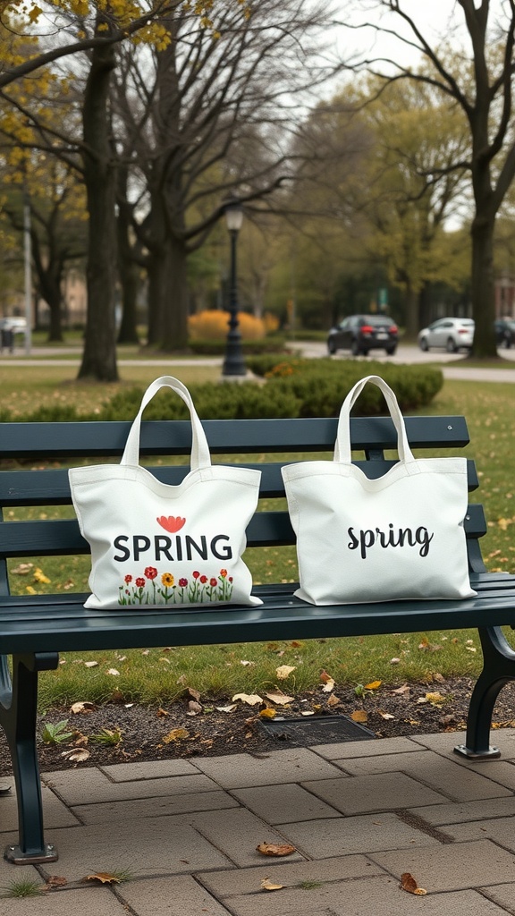 Two personalized tote bags on a bench in a park, one with 'SPRING' and flower design, and the other with 'spring' in simple text.