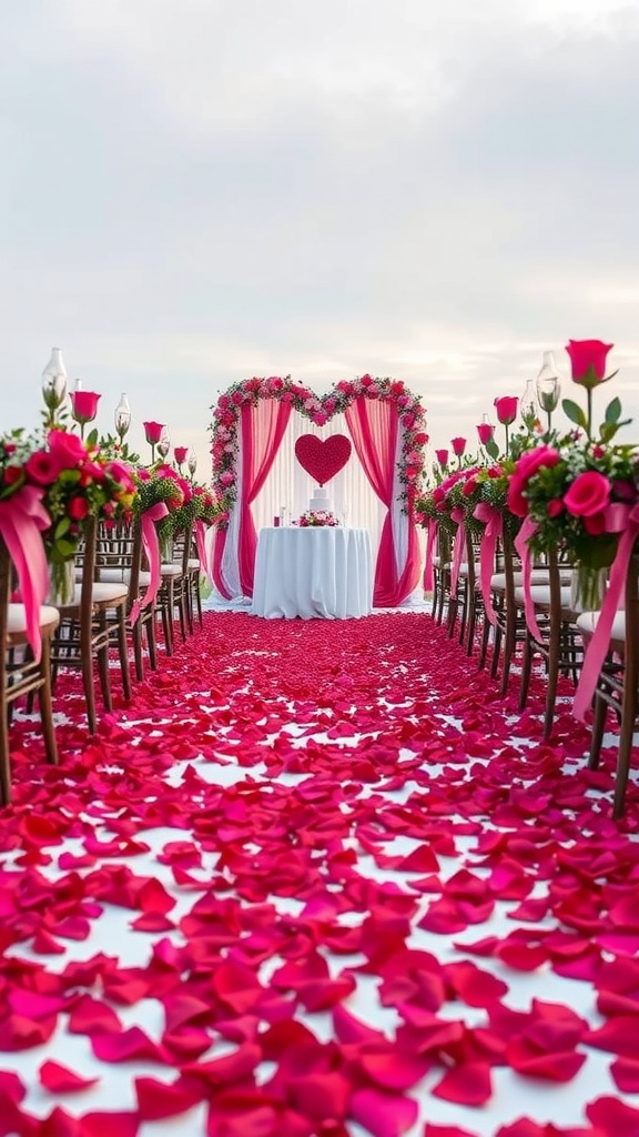 A wedding aisle decorated with rose petals, leading to a heart-shaped arch with flowers.