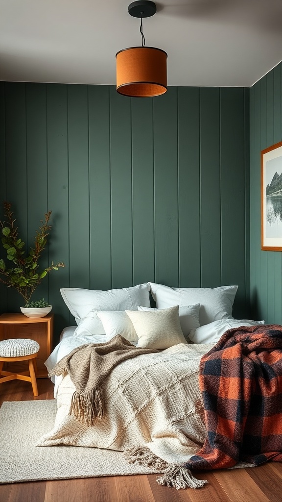 A cozy bedroom with pine green walls, a neatly made bed, and warm decorative elements.