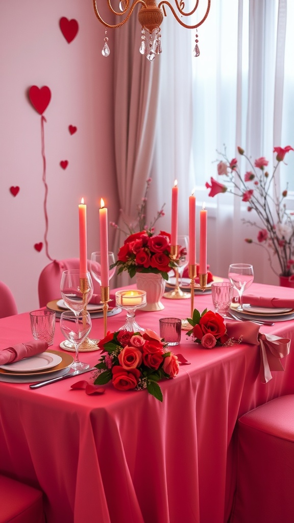 A beautifully decorated table for a Galentine's party, featuring pink and red decor, candles, and floral arrangements.