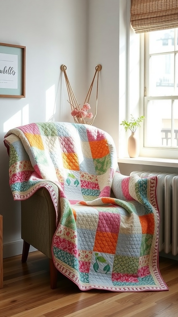 A colorful quilted throw draped over a chair near a window with natural light.