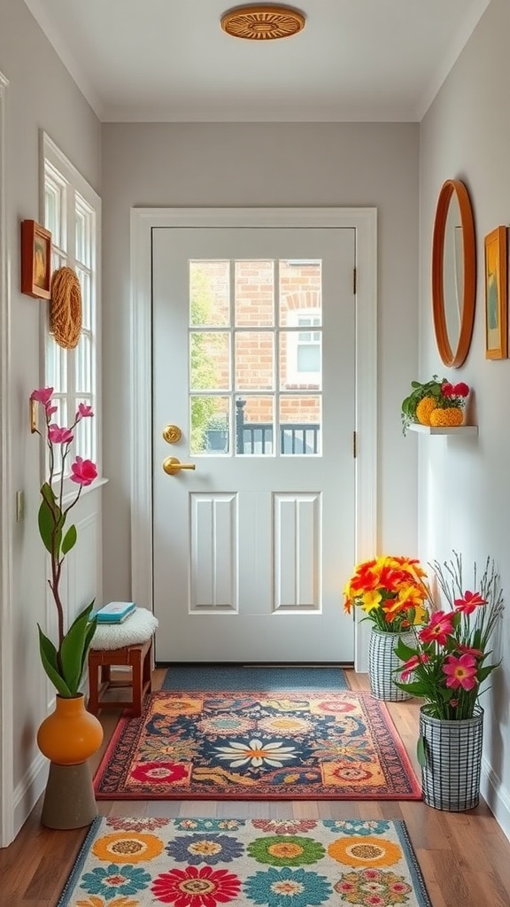 A bright and inviting entryway with colorful rugs and vibrant flowers.