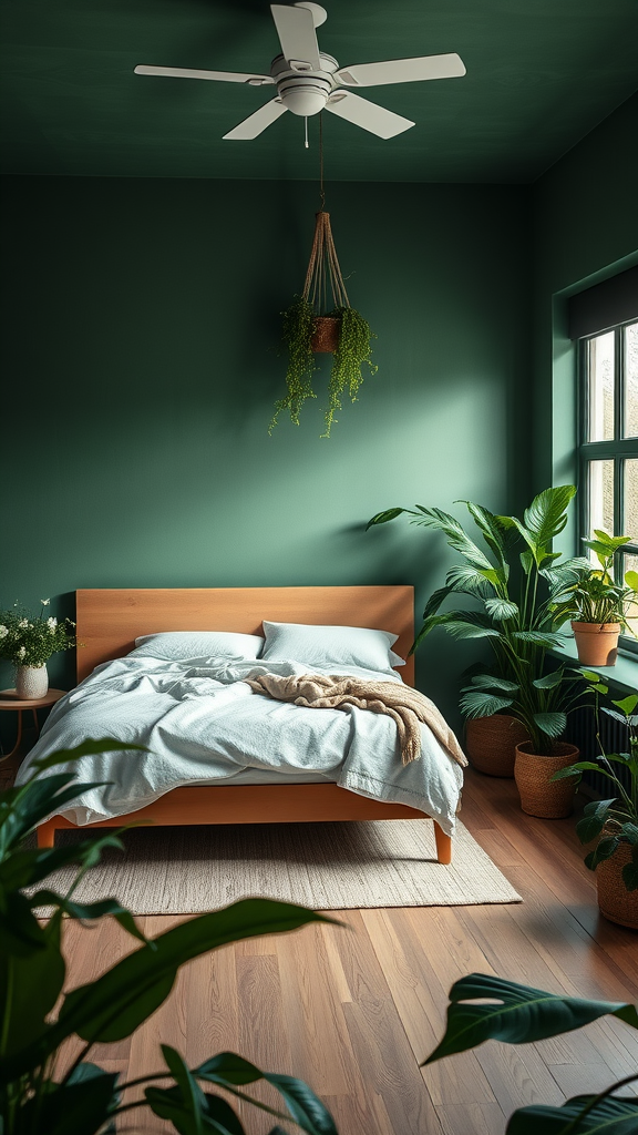 A bedroom featuring rich forest green walls, a wooden bed, light bedding, and lush plants.