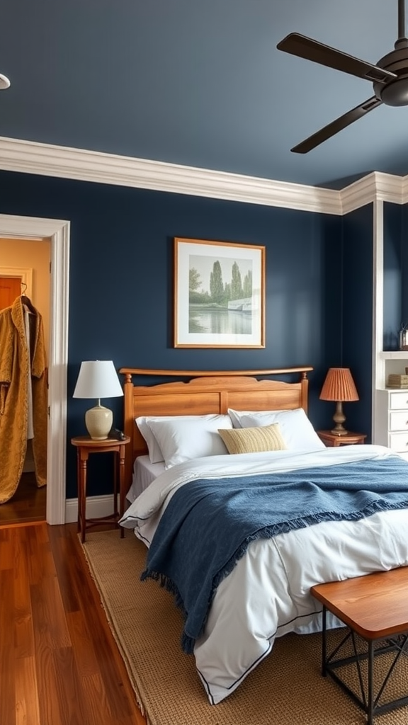 Farmhouse bedroom with rich navy blue walls, wooden furniture, and cozy bedding.