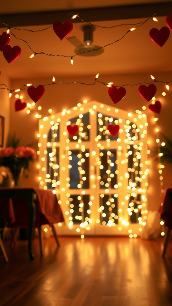 A cozy indoor setting decorated with fairy lights and heart accents for a festive atmosphere.