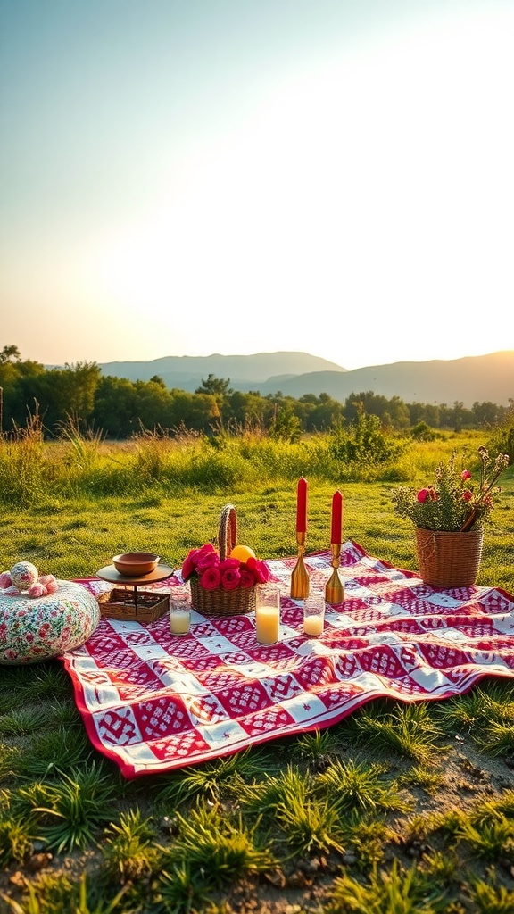 A romantic outdoor picnic setup with a patterned blanket, candles, and flowers.