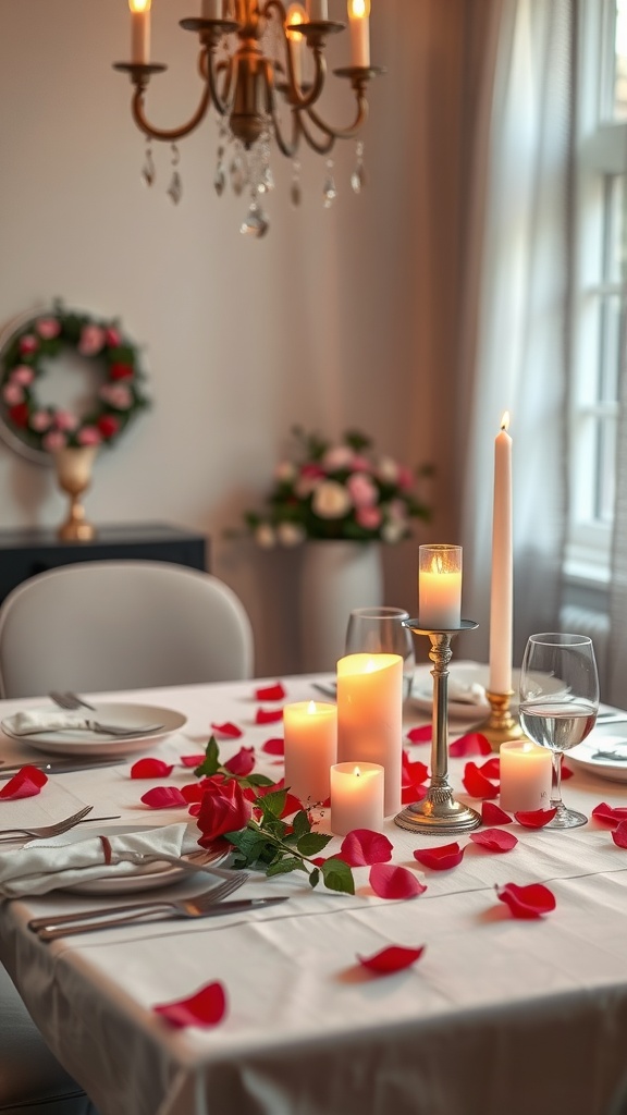 A beautifully set table for Valentine's Day with candles, rose petals, and elegant tableware.