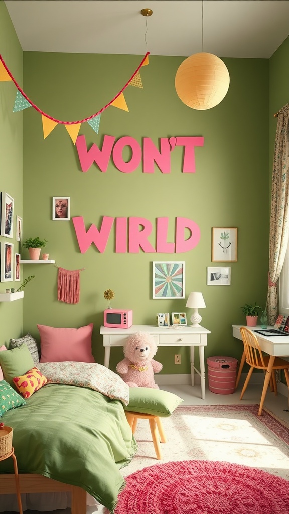 A whimsical bedroom painted in salad green, featuring playful decor and colorful accents.