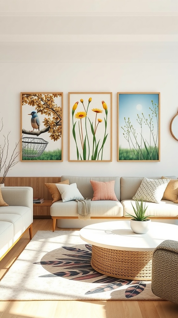 A cozy living room with seasonal artwork featuring flowers and a bird.