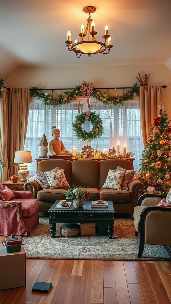 A cozy living room decorated for the holidays with a tree, wreaths, and warm lighting.