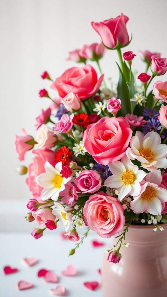 A vibrant bouquet featuring pink roses, tulips, and daisies in a pink vase with heart-shaped confetti scattered around.