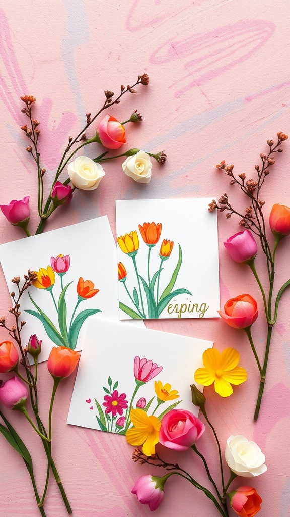 Colorful handmade spring greeting cards surrounded by flowers