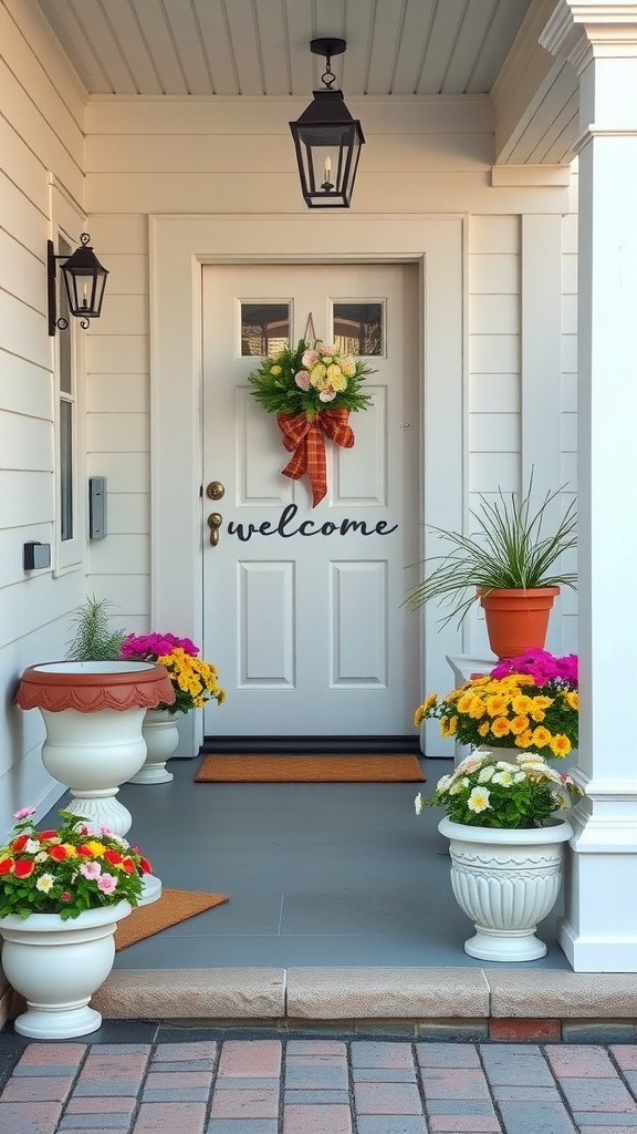 A spring-themed porch decorated with colorful flowers in pots and a welcoming wreath on the door.