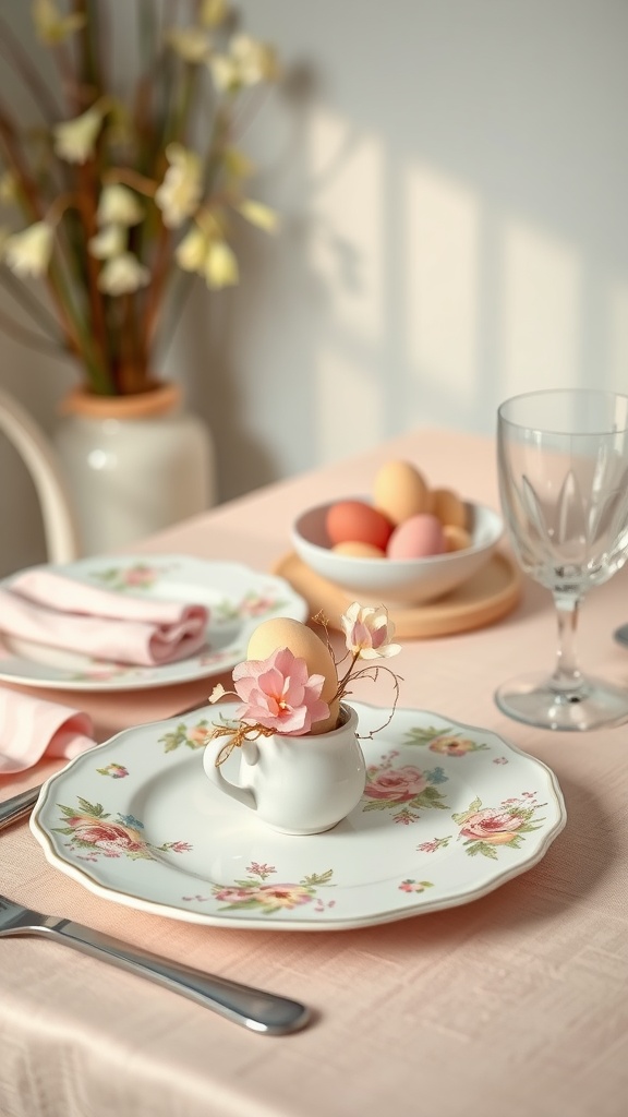 A beautifully set spring table with pastel colors, decorative eggs, and floral accents.