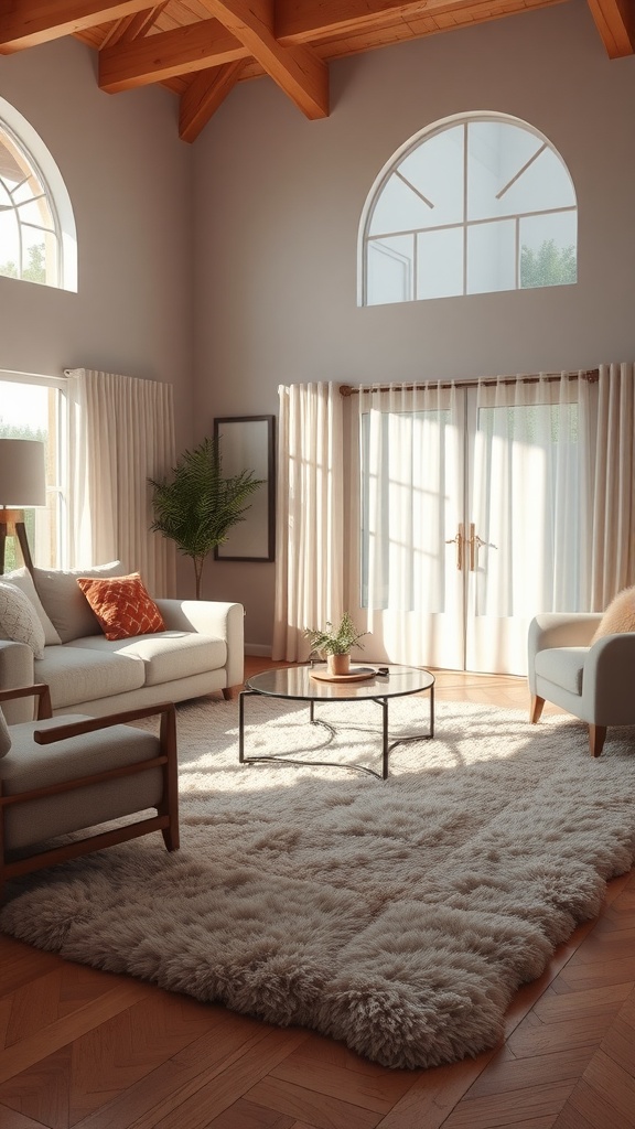 A cozy living room with a soft area rug, comfortable furniture, and natural light.