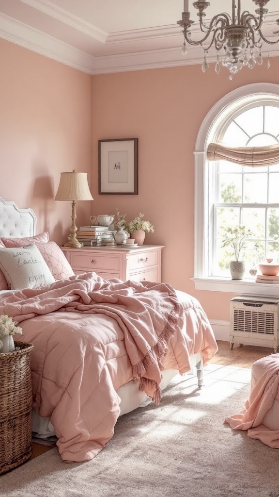 A cozy farmhouse bedroom with soft blush walls, white trim, and rustic furniture.