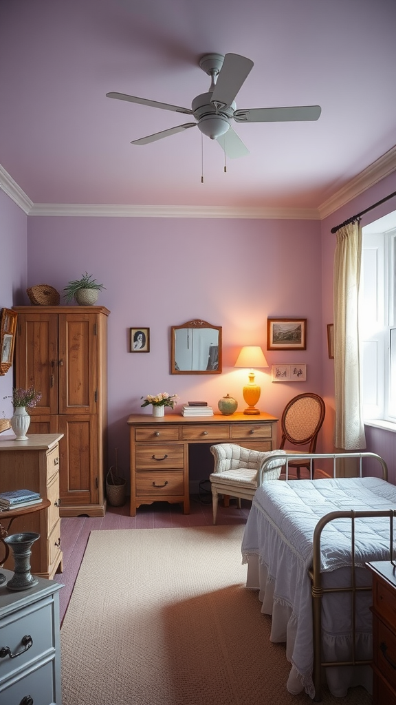 A cozy farmhouse bedroom with soft lavender walls, wooden furniture, and a light rug.