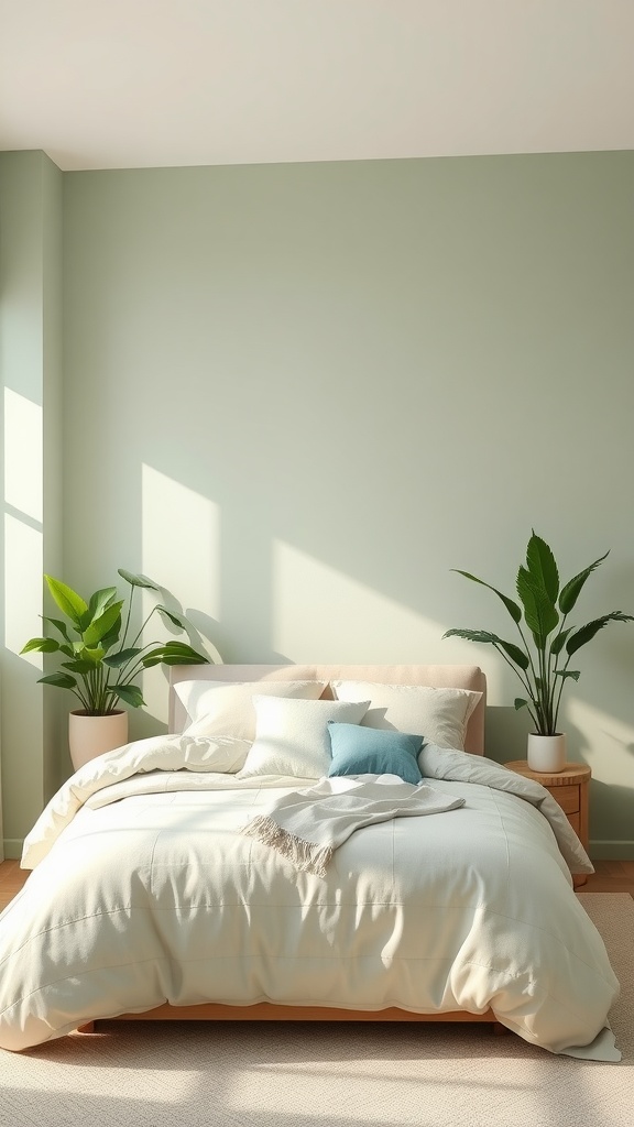 A serene bedroom featuring soft sage green walls, a neutral bedding set, and lush plants, creating a tranquil retreat.