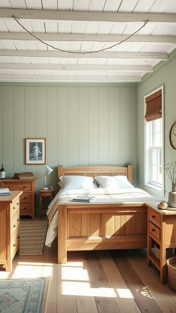 A farmhouse bedroom painted in soft sage green with wooden furniture.