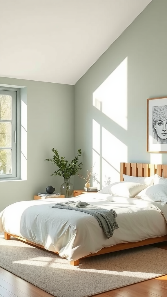 A bright bedroom featuring soft sage green walls with a wooden bed, natural light streaming through the windows, and a minimalist decor.