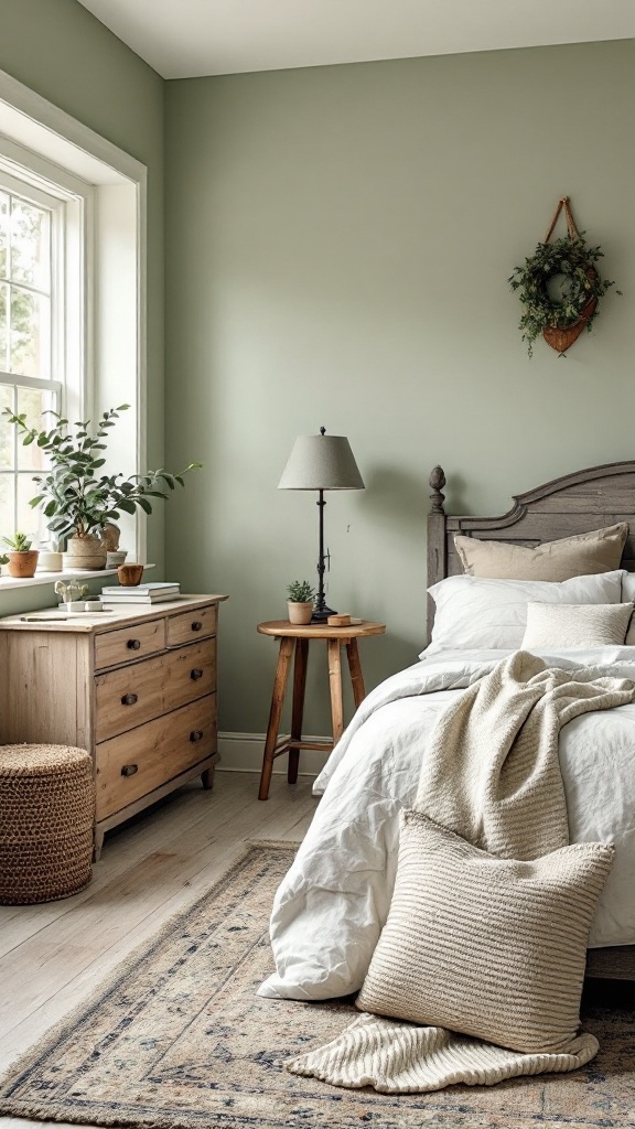 A serene farmhouse bedroom featuring soft sage green walls, a wooden bed frame, and cozy decor elements.