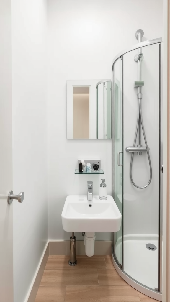 A small bathroom featuring a compact sink and a curved shower.