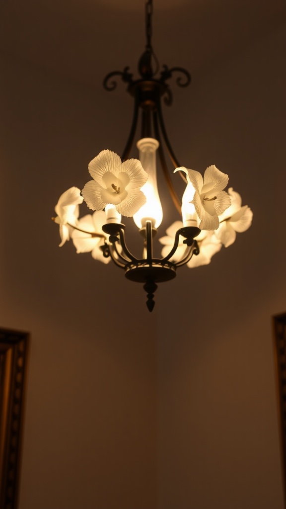 A floral chandelier hanging from the ceiling, illuminated and casting a warm light.