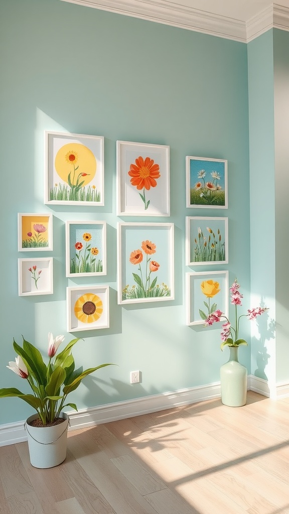 Colorful spring-themed wall art featuring various flowers and a sunny backdrop