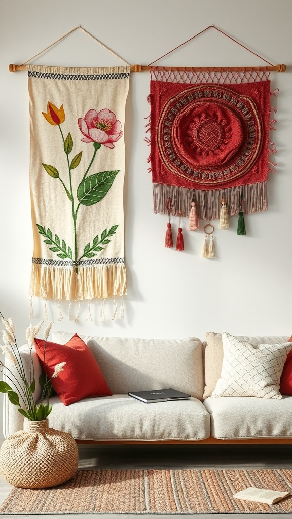 Spring-inspired wall hangings with floral designs and rich textures.