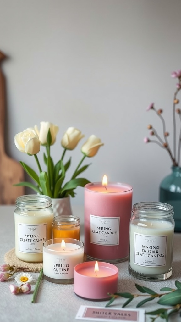 Spring-themed candles displayed with flowers and crafting materials.