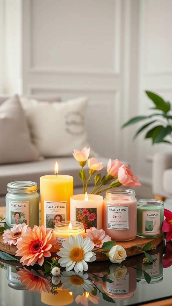 A cozy arrangement of spring-themed candles surrounded by flowers on a coffee table.