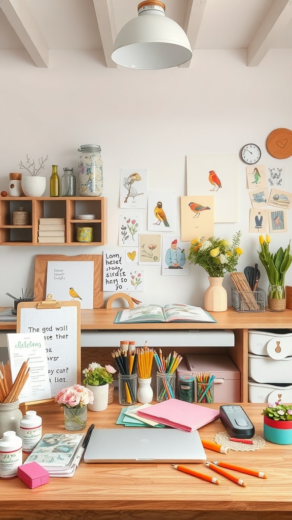 A bright and organized workspace decorated with spring-themed items like flowers and artwork.